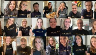 collage photo of Uproar PR Team in matching retreat t-shirts
